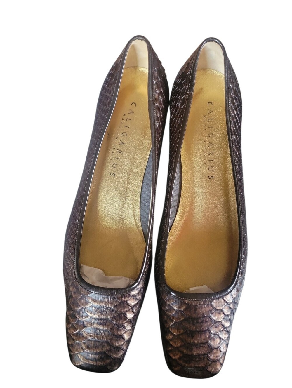 Caligarius Women's Metallic Brown Bronze Snakeskin Print 1.75" Low Heeled Pumps